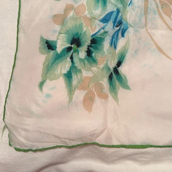 Vintage Floral Silk Scarf with Blue and Green Design - Picture 4 of 6